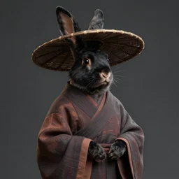 anthropomorphic jackrabbit harengon with black skin, wearing stylized monk robes and a wide brimmed hat, digital art featured on artstation