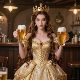 fable princess brings two glasses of beer, golden crown and long dress, long hair down to the floor, beautiful face, face accurate pen painted, tavern interior, anime style, digital art, high detail, intricate, sharp focus
