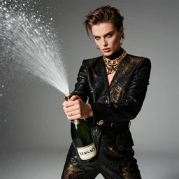 fashion model opens champagne bottle, spray slowmo, official versace editorial, highly detailed