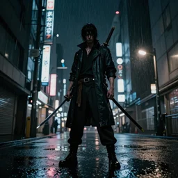 low - angle ~ yakuza abdefa ~ in tokyo japan ~ katana on his back. downtown tokyo. wet streets. rain. night. streetlights ; mystery ; scary ; scarred | cyberpunk | raytracing | futurism | fantasy | highly detailed | trending on artstation | sharp focus : art by artgerm, greg rutkowsky, magali villeneuve'