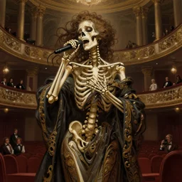 a skeleton women as a opera singer, singing at a opera house, skeletal woman singing a melancholy song, melancholy vibe, historical, intricate, highly detailed, dynamic lighting, digital art, digital painting, artstation, wlop, sharp focus, illustration, art by artgerm and greg rutkowski and alphonse mucha