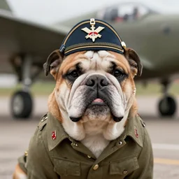 portrait of a bulldog wearing royal air force 1942 fighter pilot uniform and head gear