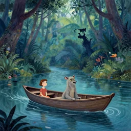 animal in a boat floating on a river in the jungle. digital drawing, ultra detailed, cool color palette, wes anderson, claude monet, grickle, puzzle agent, amelie poulain, tim burton, tomm moore