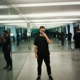 a man taking a selfie in front of a large mirror wall, a tilt shift photo by leandro erlich, featured on cg society, kitsch movement, hall of mirrors, high dynamic range, studio portrait