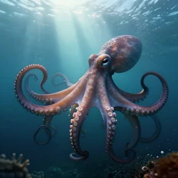 octopus in ocean, only one, just one, one octopus, one, superwide angle, light through the mist, dramatic lighting, photorealistic, cinematic lighting, high detail, cinematic feel, high octane, 4 k, unreal engine, digital render, intricate, ultra realistic, concept art, one octopus