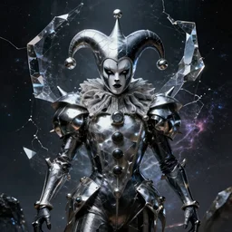 impressive ominous front!! shot photo of a court jester!! character fine portrait fine portrait mesmerizing visionary hyper cubes platinum cracked dark future dimensional space galactic crystal nebula edges elegant detailed intricate concept artstation sharp focus ray tracing cinematic masterpiece temporal corruption beeple wlop germ 8 4 k scifi glossy realistic illustration canon eos r 3 fujifilm x - t 3 0 sony alpha