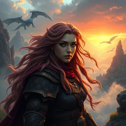 beautiful digital art of the distant lands with wandering barbarian queen, colourful long hair, travelling through misty planes, intricate details, detailed face, lonely, power armour, artstation, epic pose, cinematic light, view from the distance, dragons in the sky, by rembrandt, marco bucci