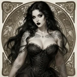 masterpiece of a sexy curvy goth girl with tattoo, intricate, elegant, highly detailed, digital painting, artstation, concept art, smooth, sharp focus, illustration, art by artgerm and greg rutkowski and alphonse mucha and william - adolphe bouguereau