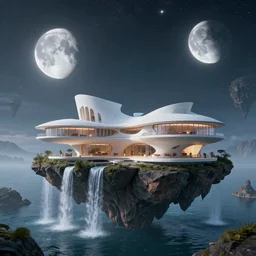 a futuristic modern house, on a floating rock island, alien planet covered in water, multiple waterfalls, multiple moons glowing, stars, frank gehry