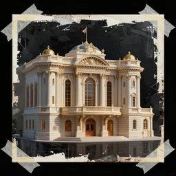 rendered in blender beautiful theater building, black background, collage paper and tape, acrylic on canvas, high resolution, cinematic, unreal 6, breathtaking detailed, by cornell joseph