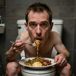 hyperrealistic mixed media image of info wars alex jones eating dinner on the toilet, stunning 3 d render inspired art by xiang duan and thomas eakes and greg rutkowski, perfect facial symmetry, hyper realistic texture, realistic, highly detailed attributes and atmosphere, dim volumetric cinematic lighting, 8 k octane detailed render, post - processing, masterpiece,