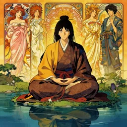 intricately detailed, samurai meditating by a serene reflection pool, feudal japan, intense, vivid complementary colors, beautiful linework, octane render, professional concept art by rutkowski, mohrbacher, jonathan hickman, ghibli, alphonse mucha, ross tran, rutkowski, grenier, octane render, marvel, dc, dnd, cinematic, golden ratio