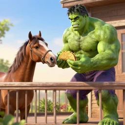 hulk gives a horse a taco in a balcony
