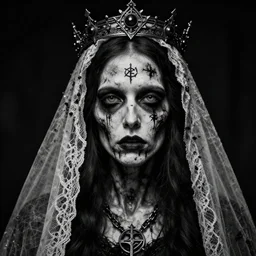 close up portrait of a scandinavian rotting corpse zombie female with a veil and crown, satanic kvlt by peder balke by peder balke by greg rutkowski, by guido crepax by norman bluhm mystic high contrast monochromatic noir angst pagan magic symbols