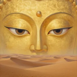 a surreal golden painting of giant buddahs eyes floating above the desert