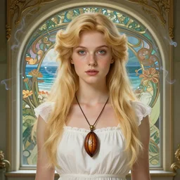 blonde girl in white dress in beautiful window, necklace with a fruit seed ornament, ocean eyes, light freckles, incense smoke and flowers in the background, portrait, mucha, conceptart, medium shot, unreal, octane, symmetrical, photorealism