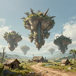 an concept art illustration, large fantasy animal floating biomes near makeshift shack in the middle of a dirt road, style by wlop, trending in artstation, cgsociety, octane render, ultra sharp, unreal engine 5, 8 k