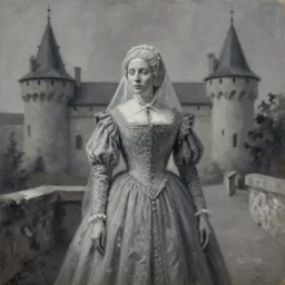 ghost of a 16th century lady in a eastern european castle, greyish tones, mystical, atmospheric oil painting by Tapiró Baró, Greg Rutkowski and J.Dickenson, inspired by John Everett Millais: The Somnambulist