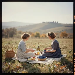 kodak portra 4 0 0, wetplate, muted colours, blueberry, 1 9 3 0 s style, award winning portrait of a sunny tuscan countryside in autumn, haze, fog, motion blur, picknick, by georges melies and by britt marling