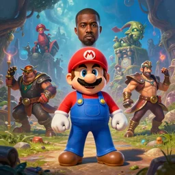 photo of Kanye west in Super Mario Bros. cover art, ultra wide lens shot, beautiful, DnD character art portrait, fantasy painting, DeviantArt Artstation, by Jason Felix by Steve Argyle by Tyler Jacobson by Peter Mohrbacher, cinematic lighting