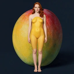 emma stone, with a mango fruit instead of her body, full shot photo, photoshopped, ripe fruit, giuseppe arcimboldo
