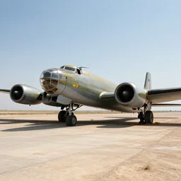A destroyed B-29 Superfortress at an airbase undergoing routine maintenance, wasteland, sun overhead, Second World War, hyper realistic, super detailed, 4k, HDR, sharp focus, shading, stunning visuals