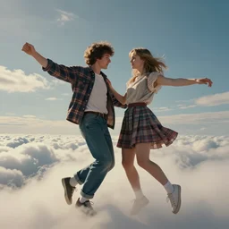 Eddie Munson and Chrissy Cunningham from stranger things dancing on the clouds, photography, cinematic, cinematic lighting, ultra realistic, ultra detailed, hyper realistic, epic, photorealistic, beautiful