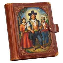 characters emerging from the pages of an enchanted storybook. big leather cover covers and binding. ornate. painting by diego rivera