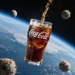 a glass of coca cola floating in space