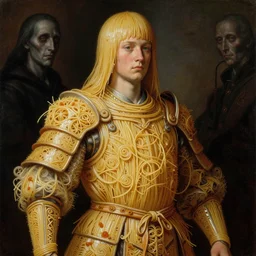 half boy half rhibo made of spaghetti, intricate armor made of spaghetti fractals, ancient warrior, samurai style, by giuseppe arcimboldo and ambrosius benson, renaissance, intricate and wet oil paint, a touch of beksinski, realistic