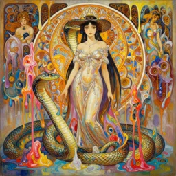 an hiper intricate oil painting of a beautifull snake godess surounded by melting colorfull wax drips, colorfull, excelent composition, wide shot, by yoshitaka amano, by ellen jewett, by greg rutkowski, by alphonse mucha by jeremyg lipkinng, by rhads, by ross tran, artstation, octane render