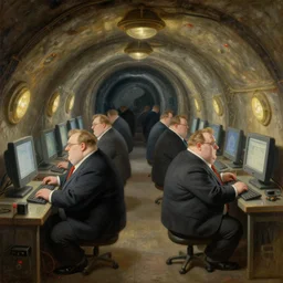 underground tunnels inhabited by portly white men in suits and ties, computers, lights and switches, portal to another world, baroque oil painting
