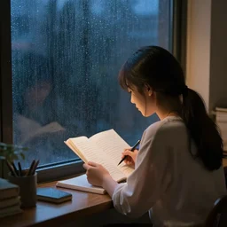 a girl studying at night infront of rainy window