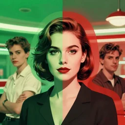 young sherilyn fenn or betty page, naomi watts, diner background, david lynch's twin peaks, green and red, retro futurism, half portrait by stanley artgerm, al parker, jon whitcomb, dramatic lighting, ilya kuvshinov, trending on artstation, flat colour, geometric curves, gradient filter, pleasing tone colours, 5 0 s style, edward hopper