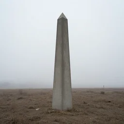 Photo of an abandoned concrete obelisk in a barren field, overcast and dense fog