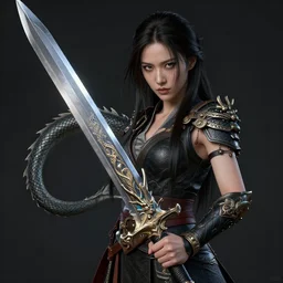a woman holding a dragon sword, by artgerm, ultrarealistic, high detail, experimental, octane render, high quality, 4 k