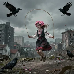 cityscape, dystopian, young girl skipping rope. pink flowers in her hair. folk horror. great detail. ravens.