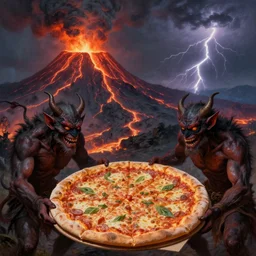 masked demons grabbing a large pizza!!!, in the background is a volcano spewing lava and black smoke, streams of glowing hot lava, flashes of lightning in the distance. wide angle, long shot, an ultrafine detailed painting by beatrix potter, deviantart, pop surrealism