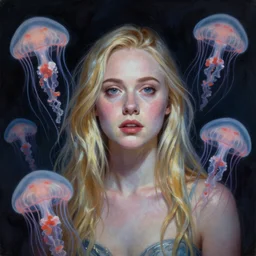 ultra realistic portrait painting of elle fanning in prey surrounded by bioluminescent jellyfish, art by frank frazetta, 4 k, ultra realistic, highly detailed, epic lighting