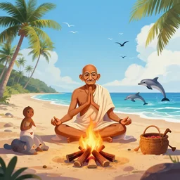 photorealistic illustration of ghandi in a yoga pose sitting around a campfire at the beach with palm trees in the back, flying birds, swimming dolphins,, artstation, deviantart, cgsociety