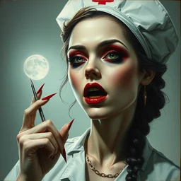 a modern painting of a nurse turned vampire, in the style of tim bradstreet, sharp focus, realism, smooth, intricate detail