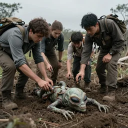 Humans discovering an alien body buried under the ground