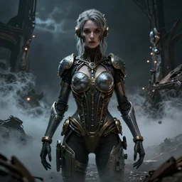 By Tom Bagshaw, Abstract tech, a very beautiful steampunk female in bodysuit, ruins by night, symmetric body features proportions, horror, volumetric clouds and fog, focus, detailed, realistic eyes looking at camera, symmetric body features proportions, golden ratio, intricate details, award winning, unreal render