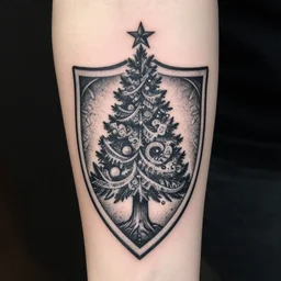 nordic shield inky pattern tattooed medieval art with a busy ornate dotted christmas tree