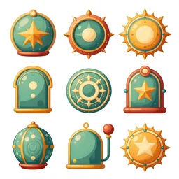 game asset sheet, material study, 2 d sprite, kitschy art deco era designs, tools white background!