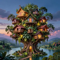 an epic organic and weird tree house city. brightly illuminated water. beautiful landscape. artwork by michael whelan, remedios varo and gerardo.