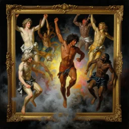 a baroque neoclassicist close - up painting of white people and brown people and black people jumping out of picture frames. reflective detailed textures. glowing colorful fog, black background. highly detailed fantasy science fiction painting by moebius, norman rockwell, frank frazetta, and syd mead. rich colors, high contrast. artstation