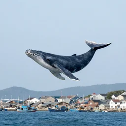 whale flying over fishing village