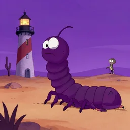 don bluth, artgerm, joshua middleton, purple color pallete, welcome to night vale, lighthouse in the desert, giant centipede, spooky strange weird quirky, cartoon, 2 d