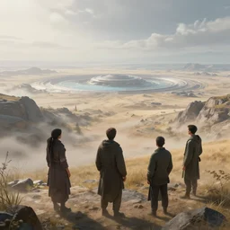 windswept vista overlooking distant futuristic tundra basin. jasmin habezai - fekri, anton fadeev, tony zhou shuo, greg rutkowski, unreal engine 5
